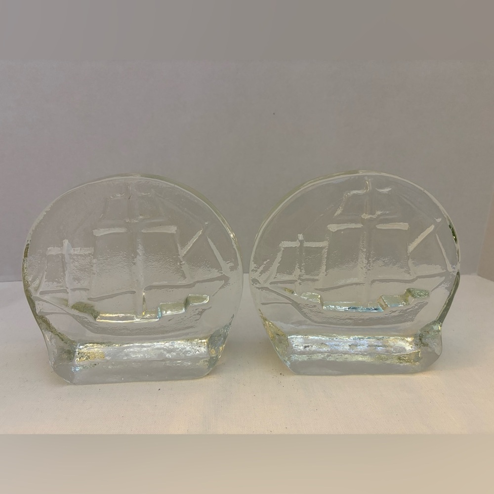 Vintage Blenko Clear Glass Sailboat Bookends 6”x6”.